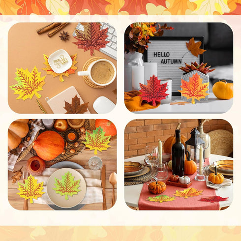 Shellwei 8 Pcs Fall Diamond Art Coasters Maple Leaves Diamond Painting Coasters with Holder Thanksgiving Diamond Painting Kit Orange Autumn Diamon...