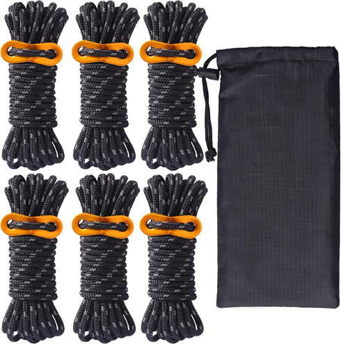 Hikeman 6 Pack 4mm Outdoor Guy Lines Tent Cords Lightweight Camping Rope with Aluminum Guylines Adjuster Tensioner Pouch for Tent Tarp, Canopy She...
