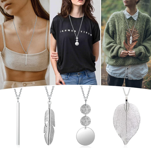 Long Necklaces for Women,4 PCS Fashion Pendant Necklace Jewelry Long Silver Necklaces Set Bar Feather Necklace Circle Leaf Lock Tassel Y Necklace ...