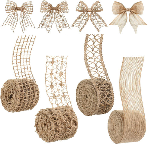 4 Rolls Burlap Ribbon Natural Jute Burlap Lace Ribbon Mesh Burlap Ribbon Weeding Ribbon Trim Craft Wrapping Ribbon for Holiday Party DIY Handmade ...
