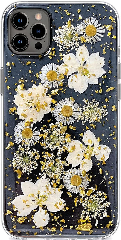 Abbery Designed for iPhone 11 Pro Max Pressed Flower Case, Cute Bling Glitter Sparkle Clear with Design Soft Silicone TPU Rubber Dried Real Floral...