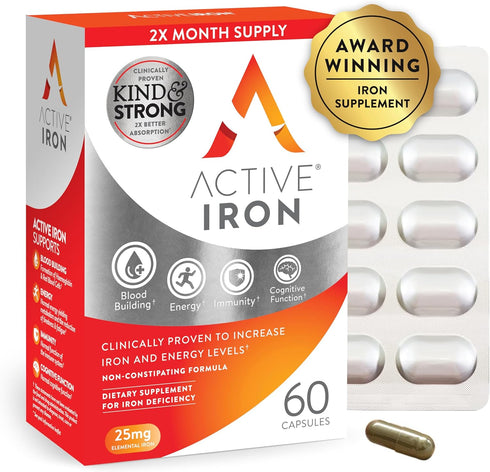 Active Iron Supplement, 25mg (60 Capsules) Non-Constipating and Gentle for Women & Men, Highly Absorbed, Clinically Proven to Increase Iron & Ener...