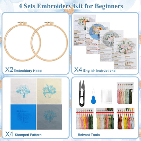 LOMOHOO 4 Sets Flower Embroidery Kit for Beginners, Needlepoint Stamped Cross Stitch Starter Kits, Stitch Learning DIY Kit with Cut Flower Pattern...