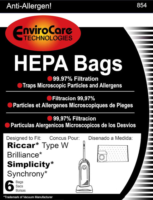 Envirocare Replacement HEPA Filtration Vacuum Cleaner Dust Bags made to fit Riccar Type W Brilliance and Simplicity Synchrony Vacuum Cleaners 6 pa...