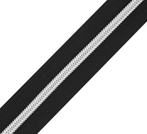 Mandala Crafts Metallic Silver Zipper Tape by The Yard #5 with Pulls - Black Nylon Coil Upholstery Zippers for Sewing - Continuous Zipper Chain 10...