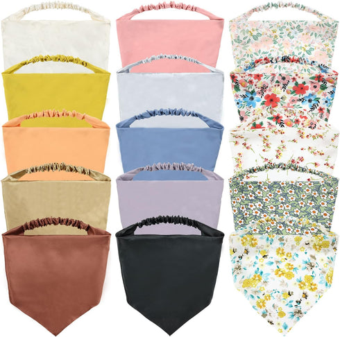 Lawie 15 Pack Large Solid Colorful Floral Bandana Headband Triangle Satin Silk Blank Plain Boho Hair Scarf Headbands Elastic Kerchief Neckerchief ...