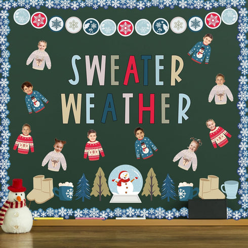 Whaline 85Pcs Winter Bulletin Board Decoration Kit Xmas Tree Snowmen Snowflake Cutouts with Glue Point Christmas Holiday Classroom Bulletin Border...