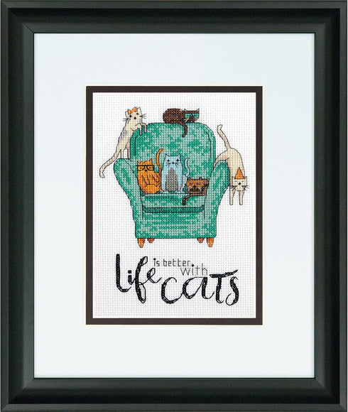 Dimensions 70-65222 Life is Better with Cats Counted Cross Stitch Kit for Beginners, 14 Cnt. White Aida, 5" x 7"...