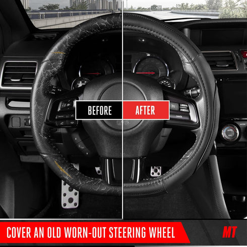 Motor Trend Stealth D-Shaped Steering Wheel Cover - Premium Flat Bottom Car Steering Wheel Cover, Black Faux Leather Sterring Wheel Cover, Standar...