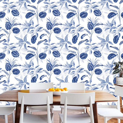 Palm Tree Leaf Navy Blue and White Floral Wallpaper Peel and Stick Tropical Wallpaper Jungle Contact Wall Paper Leaves Flower Watercolor Bathroom ...