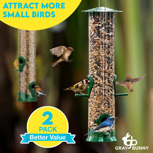 Gray Bunny 2 Pack, 12 Inches Tube Bird Feeders for Outdoors Hanging, 4 Feeding Ports, Hard Plastic Feeder Outdoor Weatherproof & Steel Hanger, Bir...