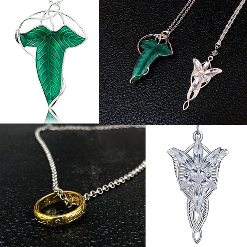 3pcs Lord of The Ring Hobbit Necklace Gold Tone The Ring Pendant Necklace Vintage Green Leaf Elven Pin Brooch Pendant Chain Necklace...