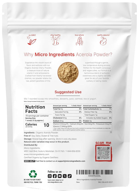 Organic Acerola Powder, 8oz | Natural Organic Vitamin C Superfood | No Sugar & Additives | Great Flavor for Drinks, Smoothie, & Beverages | Non-GM...