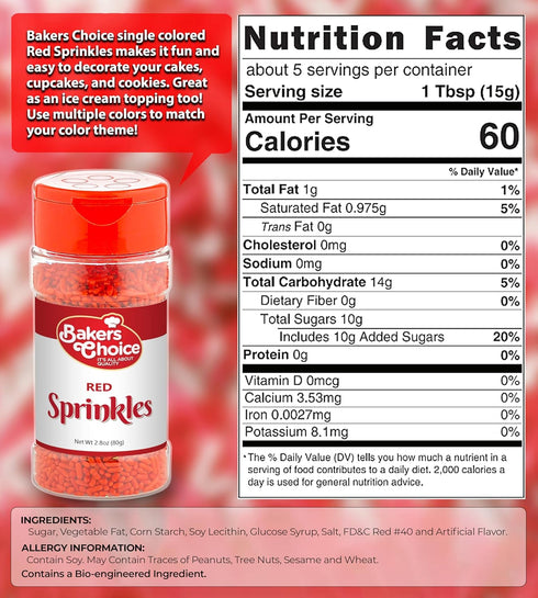 Bakers Choice Red Sprinkles for Baking - Jimmies Sprinkles for Ice Cream Toppings - Dairy Free, Kosher 2.8 oz....