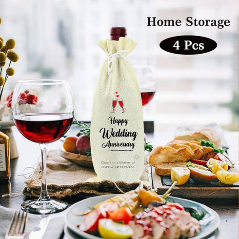 Omoojee 4 Pcs Wedding Anniversary Wine Bag, Couple Gift for Married Anniversary, Flax Drawstring Wine Bag...