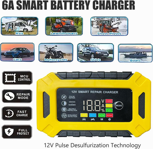 12V 6-Amp Car Battery Trickle Charger,Smart Portable Float Charger for Car, Motorcycle, Lawn Mower - Maintains SLA, AGM, Gel Cell, and Wet Lead Ac...