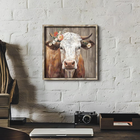 Cattle Framed Wall Art Decor: Country Wooden Farm Cow Animal Painting Rustic Farmhouse Picture Brown Calf with Wildflowers Artwork for House Guest...