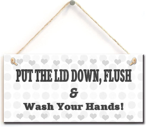 Toilet Warning Sign- Put The Lid Down, Flush & Wash Your Hands, Retro Style Bathroom Toilet Sign (5" X 10")...