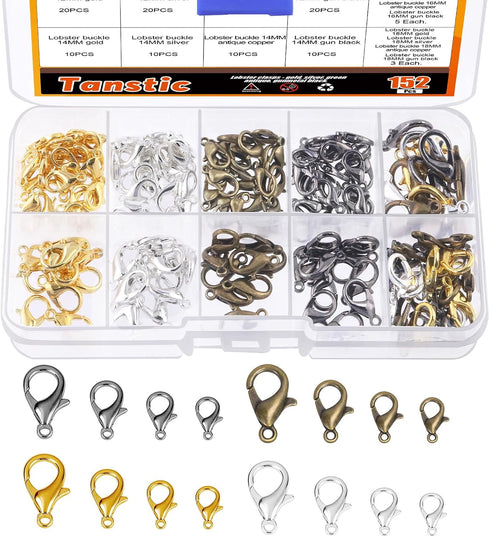 152Pcs 4 Colors 4 Sizes Lobster Claw Clasps Kit, 12mm, 14mm, 16mm, 18mm Alloy Small Jewelry Clasps Lobster Clasps for DIY Necklace Bracelet Jewelr...