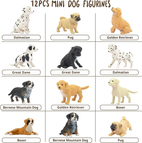 Toymany 12PCS Mini Dog Figurines Playset, Realistic Detailed Plastic Puppy Figures, Hand Painted Emulational Tiny Dogs Animals Toy Set, Cake Toppe...