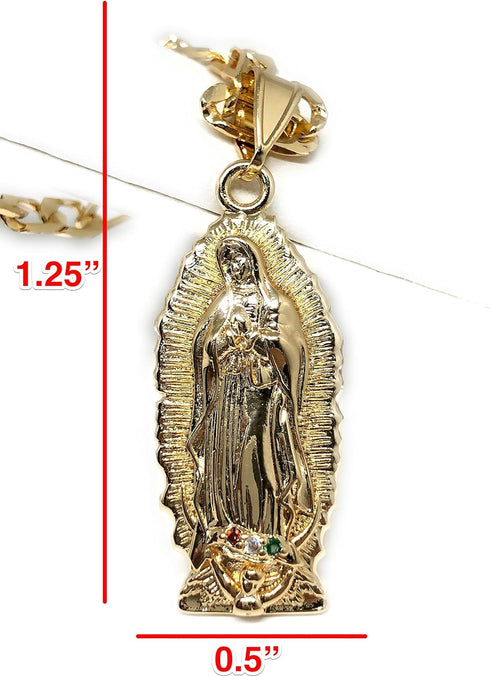 Gold Plated Virgin Mary Pendant Necklace Figaro 26" Virgen de Guadalupe Medalla Oro Laminado...