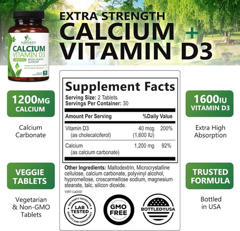 Calcium 1200 mg Plus Vitamin D3, Bone Health & Immune Support - Nature's Calcium Supplement with Extra Strength Vitamin D for Extra Strength Carbo...