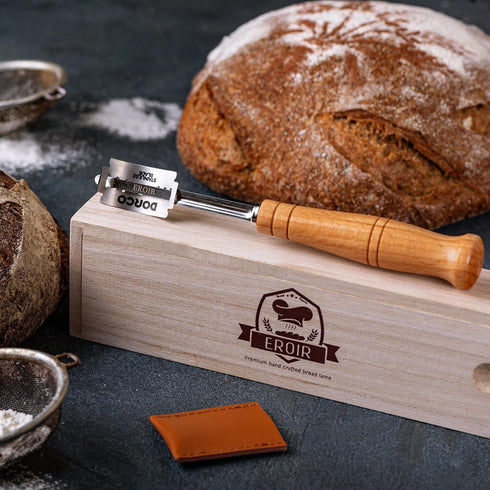 Hand Crafted Bread Lame Dough Scoring Tool in Wooden Storage Box for Sourdough Bread Baking - Dough Scoring Knife with 10 Extra Blades and a Prote...