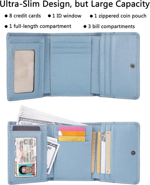 AINIMOER Small Leather Wallet for Women, Slim Compact Credit Card Holder RFID Blocking Wallets Organizer with Coin Pocket, Lichee Gray Blue...