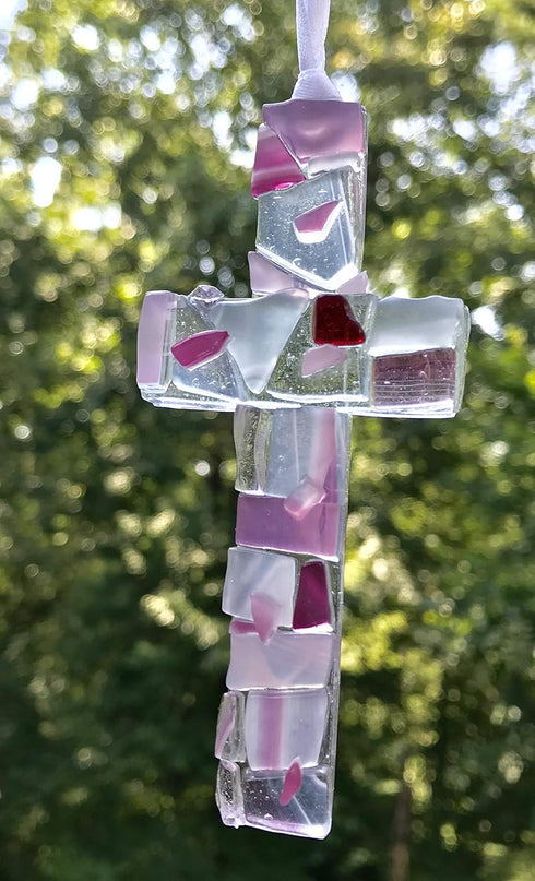 First Communion Gift for Girl - Handmade in USA Pink Mosaic Glass Cross with Sentiment...