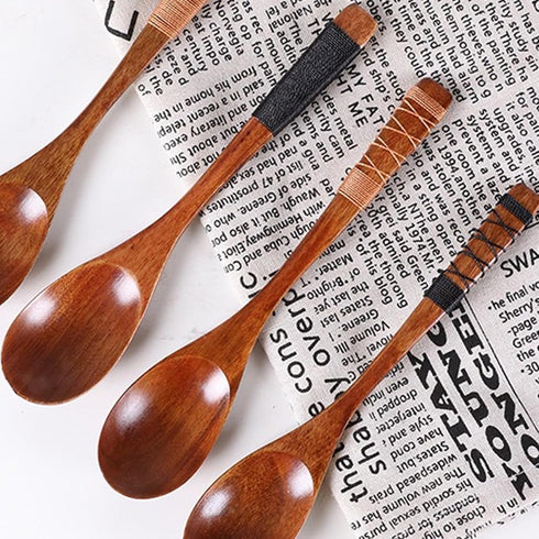 Wooden Spoons, 5 Pieces 9.25in Japanese Style Kitchen Utensil Oval Scoop for Eating Mixing Stirring Cooking Coffee Table Bowl Nonstick Pots Kitche...