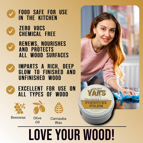 Daddy Van's All Natural Beeswax Furniture Polish – Unscented, Food-Safe Wood Wax for Furniture, Cabinets, Antiques & Butcher Blocks – Non-Toxic, C...