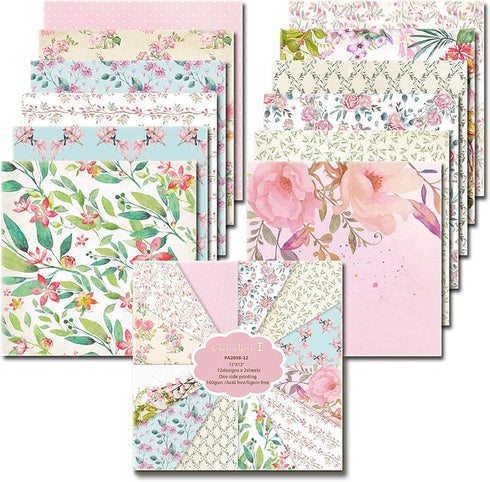 12 * 12 Inches Cardstock Paper Pad, Garden Pink Floral Design Cardmaking Themed 24 Sheets Scrapbook Decorative Paper for Junk Journal, Decoupage a...