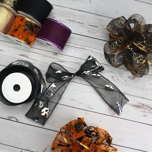 MEEDEE Halloween Ribbon - 6 Rolls, 36 Yards, Wired, Purple, Orange, Black, Skull Pattern...