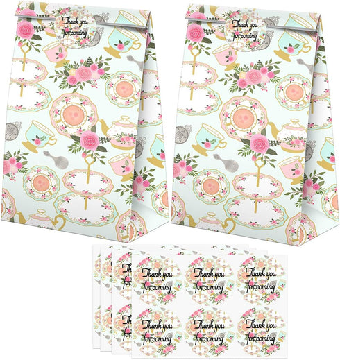 24 Pcs Tea Party Goodie Bags with Stickers - Tea Themed Birthday Party Favor Bags, Perfect for Kids' Tea Party Supplies and Treat Bags...