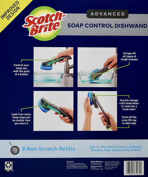 Scotch Brite Advanced Soap Control Dishwand and Scraper, 8 Non-Scratch Refills...