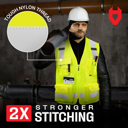 NoCry Premium Reflective Safety Vest for Men with Heavy Duty Stitching & Phone Pocket — ANSI Class 2 Safety Vest with Pockets — Ideal Neon Constru...