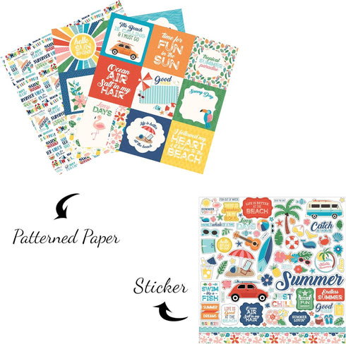 Summer Scrapbook Paper & Stickers Kit - Beach Theme Cardstock & Stickers, 4 Items, 12x12 Inch, Modern Style, Square Shape, Variety Pack...
