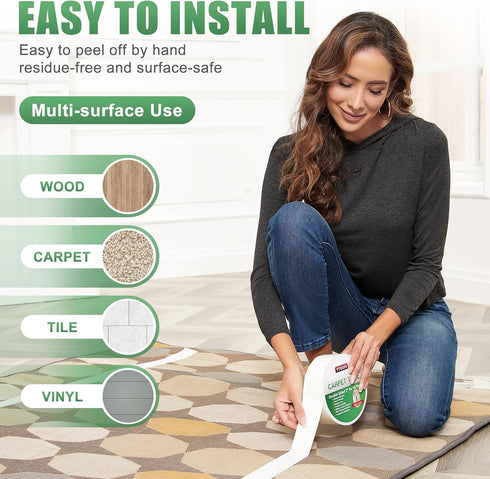 YYXLIFE Double Sided Removable Rug Tape - Carpet Adhesive for Hardwood Floors,Non Slip Anti Curling Floor Tape for Area Rugs,Mats,Carpets - No Res...