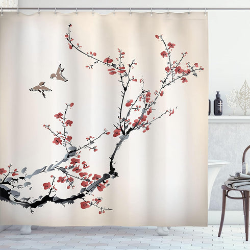 Ambesonne Nature Shower Curtain, Flowers Buds Birds with Cherry Branches Style Art Painting Effect, Cloth Fabric Bath Decoration for Bathroom Hous...