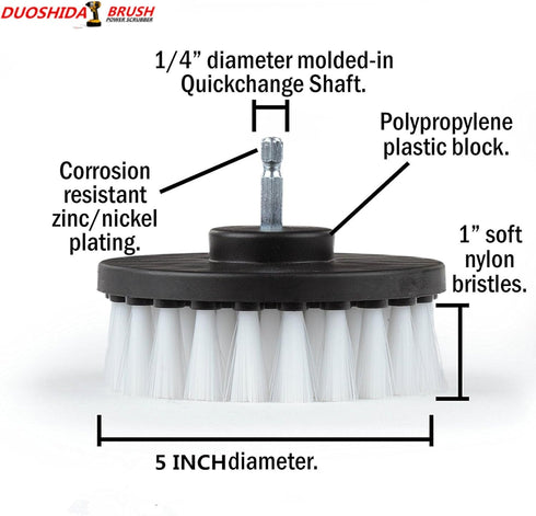 Drill Brush 5 inch Soft Bristle White Quick Change Shaft...