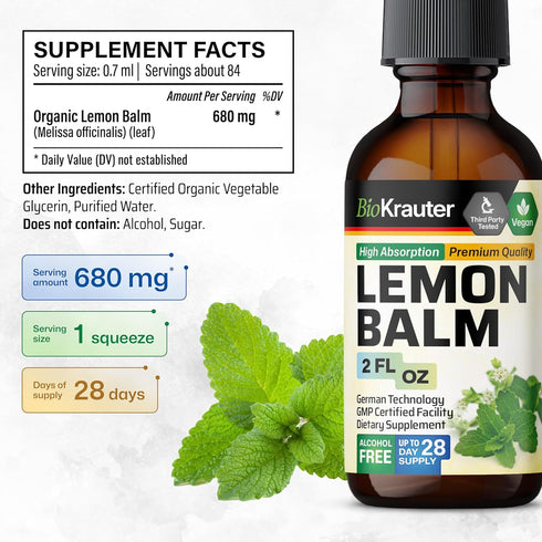 BIO KRAUTER Lemon Balm Leaf Extract - Vegan Melissa Lemon Balm Tincture for Calmness Support - Sugar & Alcohol-Free - 2 Fl. Oz....