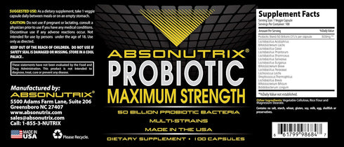 Absonutrix Probiotic Maximum Strength 50 Billion Per Capsule Multi-Strain 100 Capsules...