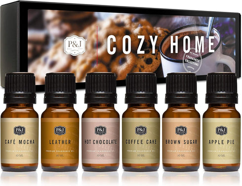 P&J Trading Cozy Home Set of 6 Fragrance Oils - Brown Sugar, Apple Pie, Coffee Cake, Café Mocha, Leather, Hot Chocolate Scented Oils for Candle Sc...