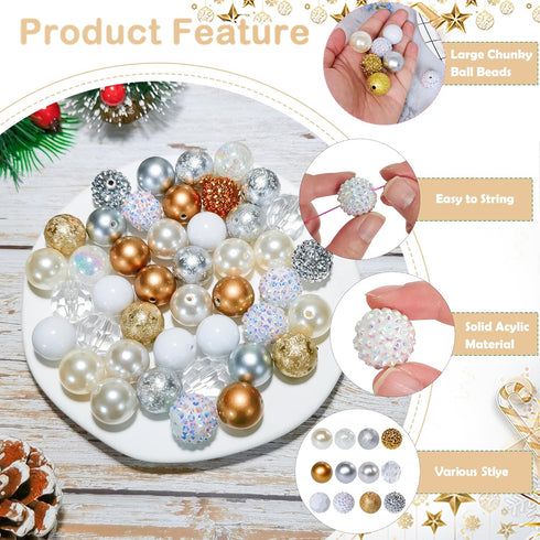 50Pcs Chunky Bubblegum Beads 20mm Silver Gold Gumball Rhinestone Beads with 48pcs Tiny Round Spacers, Extender Chains, Beading Wire for Crafts Jew...