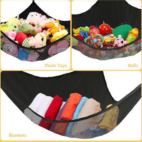 Jumbo Toy Net Hammock for Stuffed Animals KoHuiJoo Wall Sling Corner Extra Large Kids Children Mesh Toy Net Organizer (Black 2 Pack, 70 inch)...