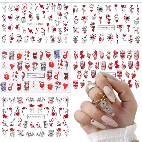 Valentine's Day Nail Stickers DIY Water Transfer Nail Stickers Heart Love Cute Bear Self Adhesive Water Transfer Nail Decals Sexy Lips Love Letter...