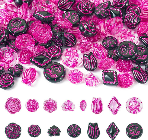 90pcs Acrylic Flower Beads Hot Pink Black Plastic Beads Vintage Rose Tulip Flower Loose Beads for DIY Bracelets Necklace Key Chains Jewelry Making...
