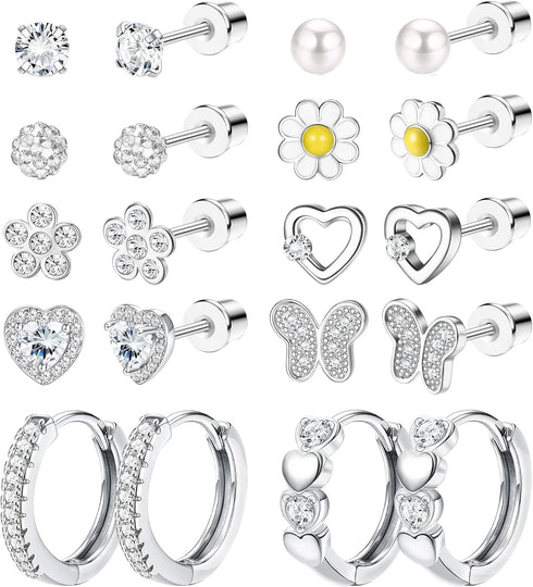YADOCA 10 Pairs Hypoallergenic Screw Back Earrings for Women Girls Stainless Steel CZ Cute Colorful Butterfly Hoop Screwback Stud Earring Set...
