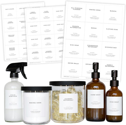 Clean-Modern White Bathroom Labels, Laundry Labels & Cleaning Labels by Paper & Pear - Waterproof Labels for Bottles - 2.6” Square Bathroom Labels...