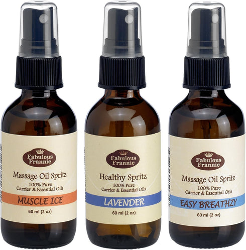 Fabulous Frannie Massage Spray Trio Set includes Muscle Ice, Easy Breathzy and Lavender made with Natural Carrier Oils and Pure Essential Oil 2oz ...